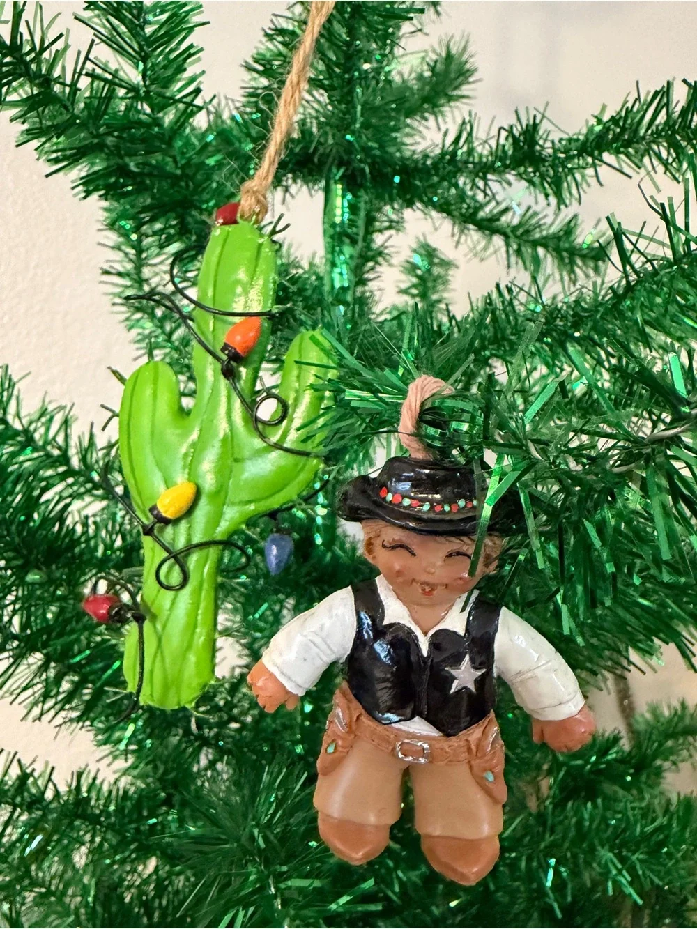 Western Cactus Cowboy Christmas Bauble Ornaments Medium Green Set Of 2 Hanging